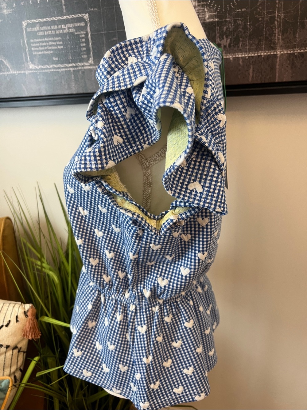Blue Heart-Print Gingham Ruffle Sleeve Blouse - Picture 4 of 5